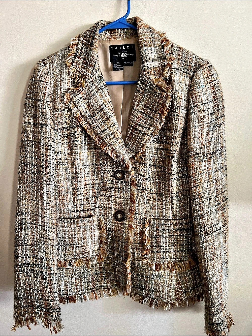 Talbots Plaid Fringe Tweed Blazer in Brown & White Size Small